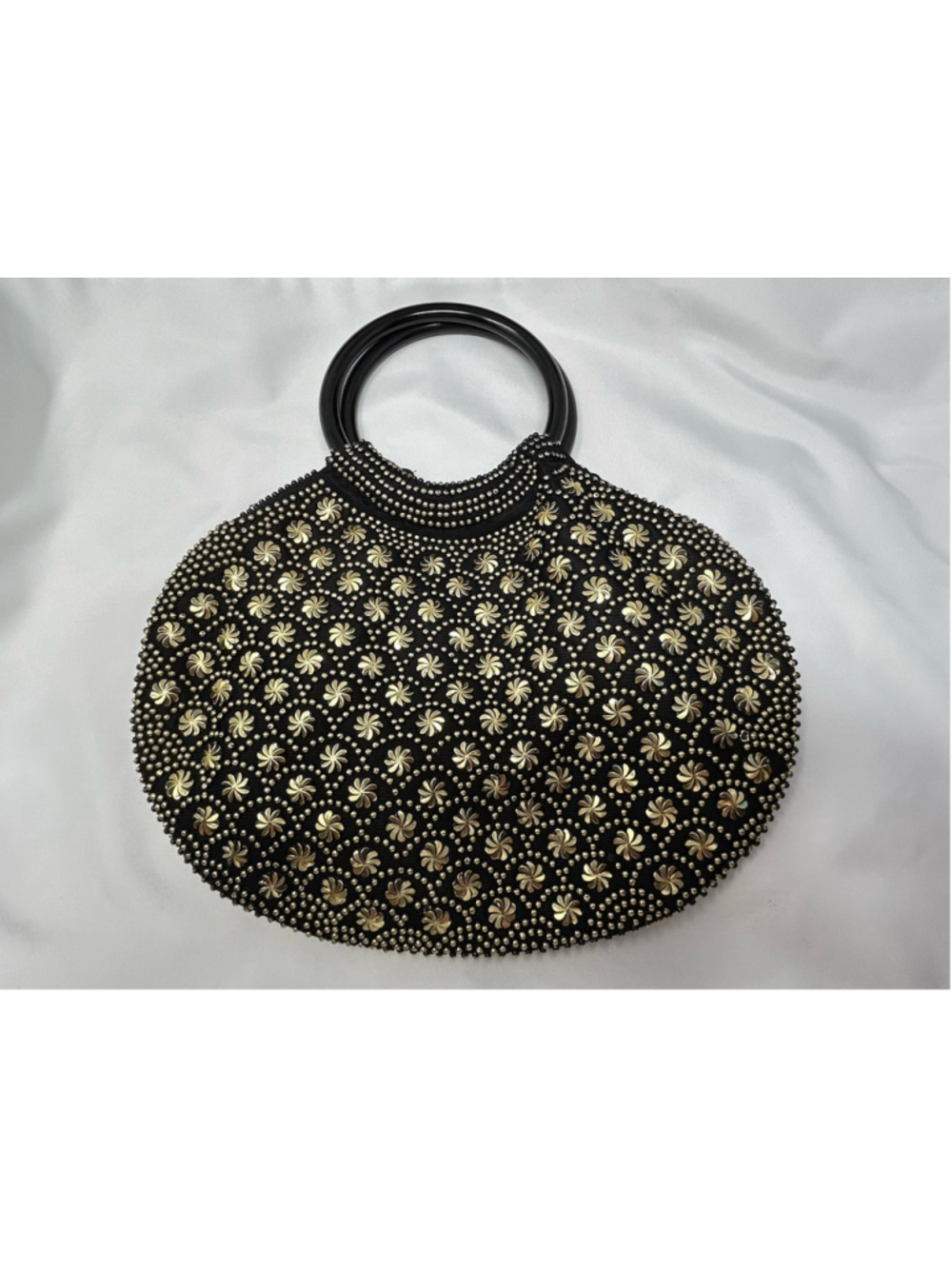 Vintage 1960’s Black & Gold Flower Beaded Evening Bag Circular Handles EUC